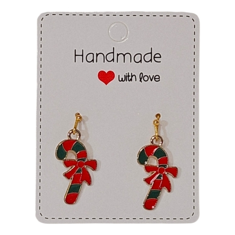 Candy Cane with Bow Christmas Dangle Earrings Red Green Enamel Gold - Picture 3 of 5